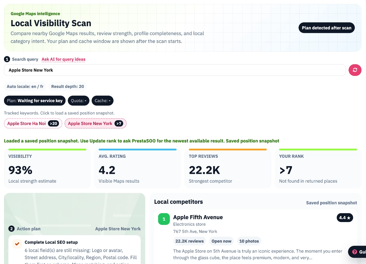 PrestaSEO AI local visibility scan showing local competitors, rank checks and Maps intelligence