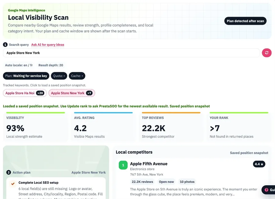 PrestaSEO AI++ local visibility scan — PrestaShop SEO audit showing competitors, rank checks and Maps intelligence