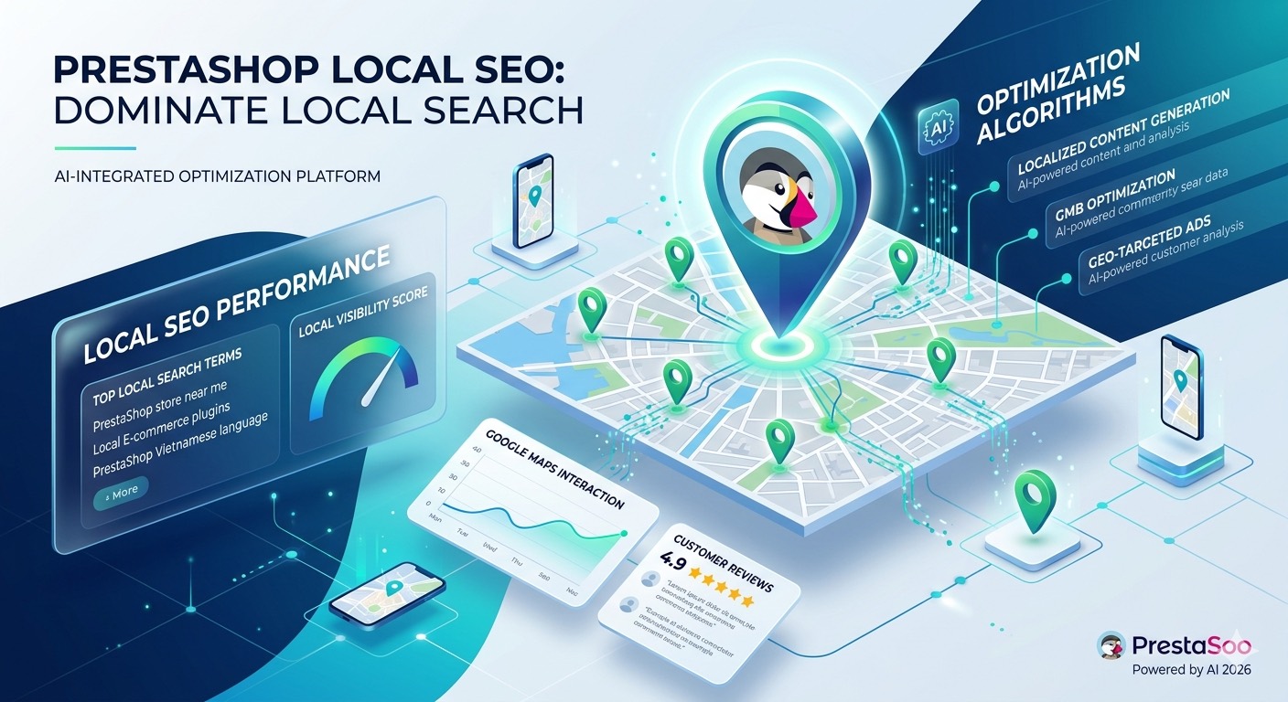 Local SEO map dashboard for a PrestaShop store with rank and competitor signals