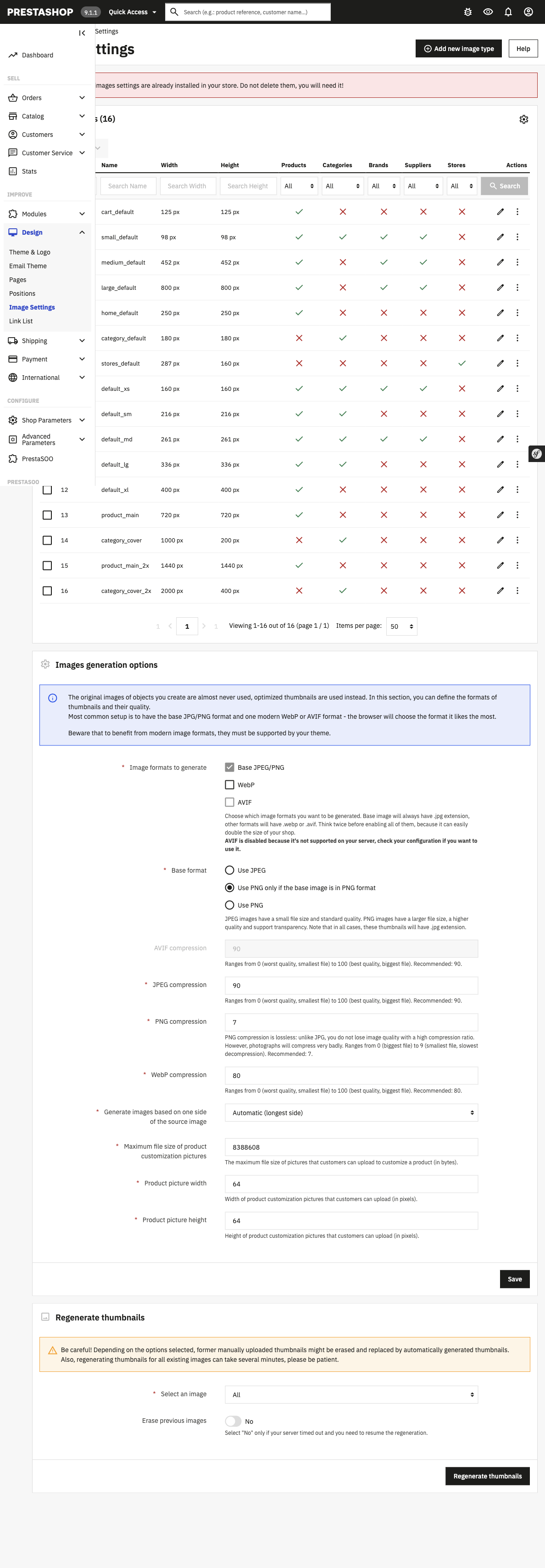 The Image Settings screen in PrestaShop 9.1.1, listing the image formats and the thumbnail sizes
