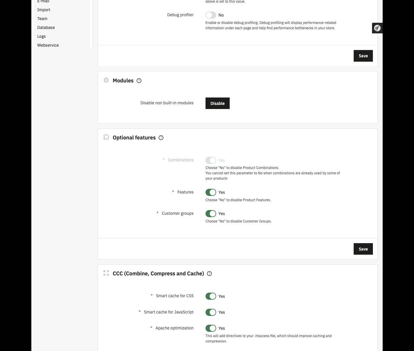 The Performance screen in PrestaShop 9.1.1: Template compilation, Cache, Smart cache for CSS and Smart cache for JavaScript