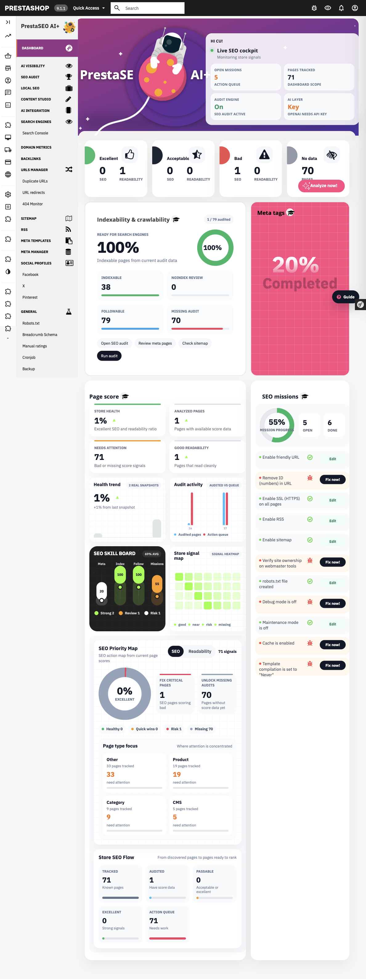The PrestaSEO AI+ dashboard on PrestaShop 9.1.1, with the sidebar sections visible including AI INTEGRATION