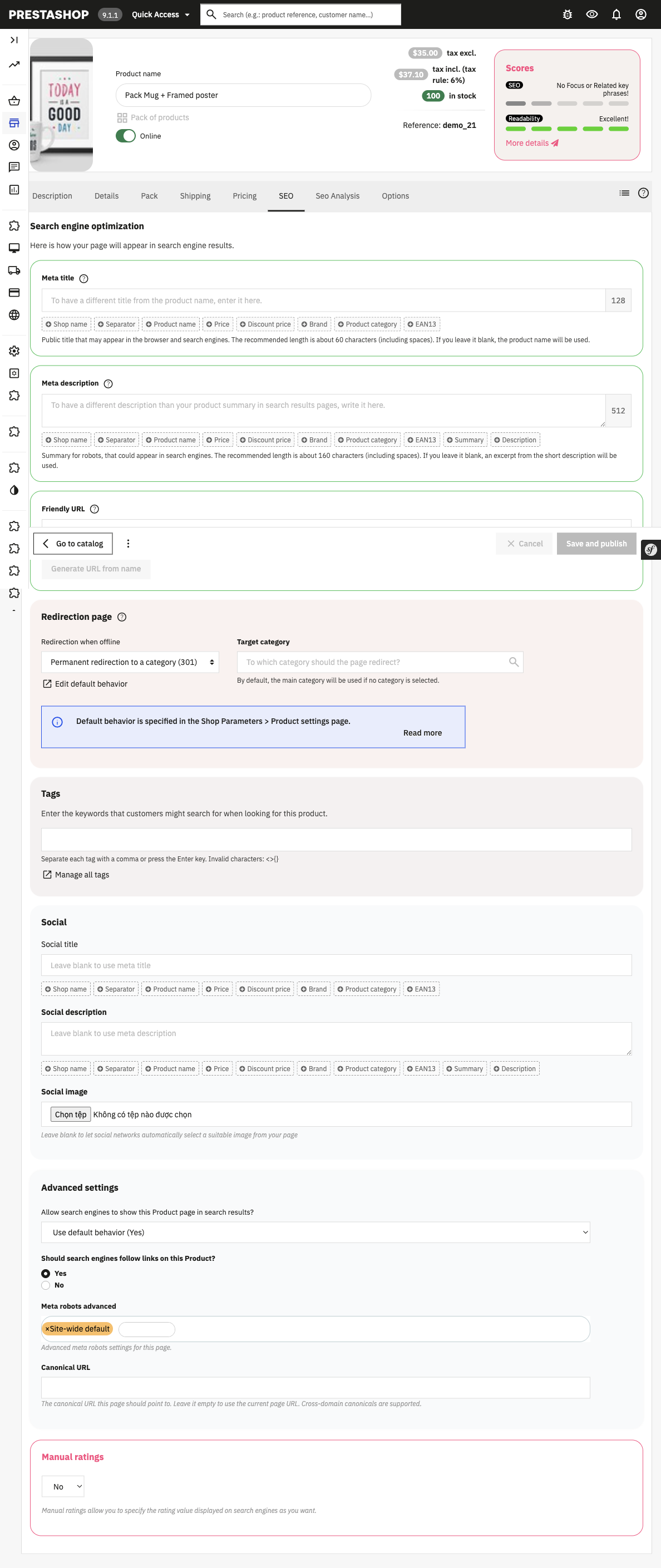 The SEO tab on a product edit page in PrestaShop 9.1.1, showing the meta title, meta description and friendly URL fields