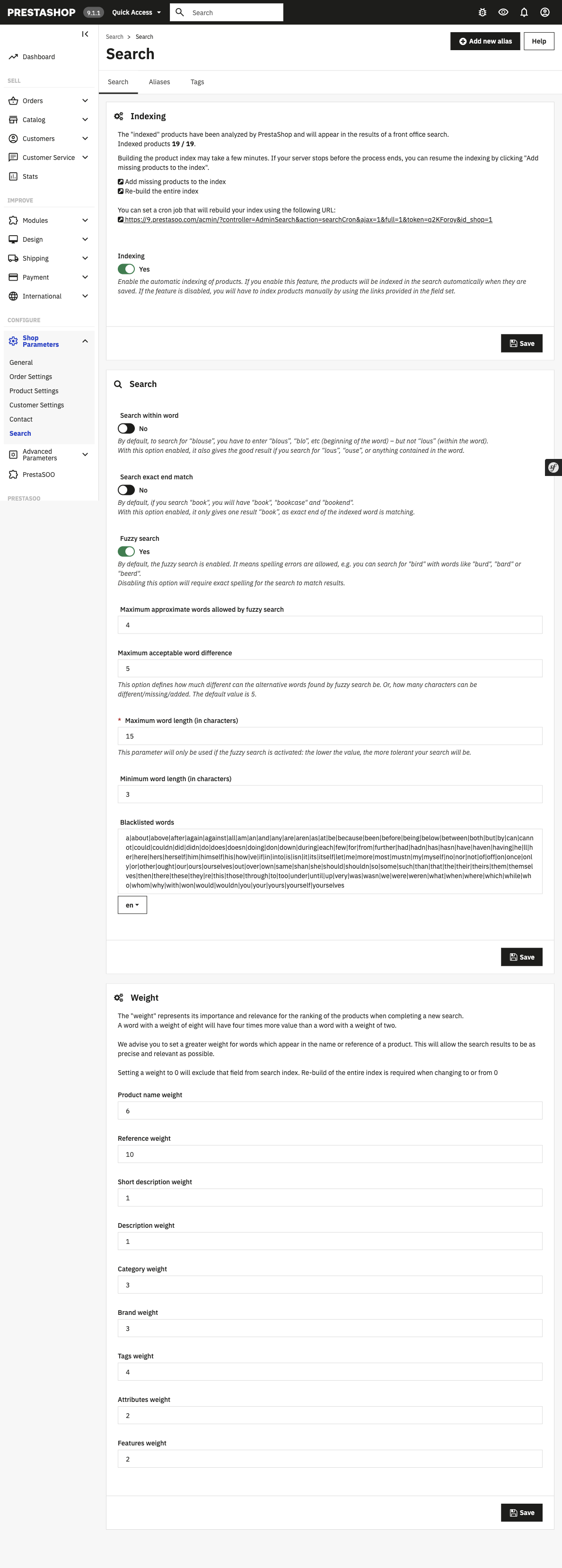 The field weight table in PrestaShop 9.1.1 Search settings: product name, reference, short description, description, category, brand, tags, attributes, features