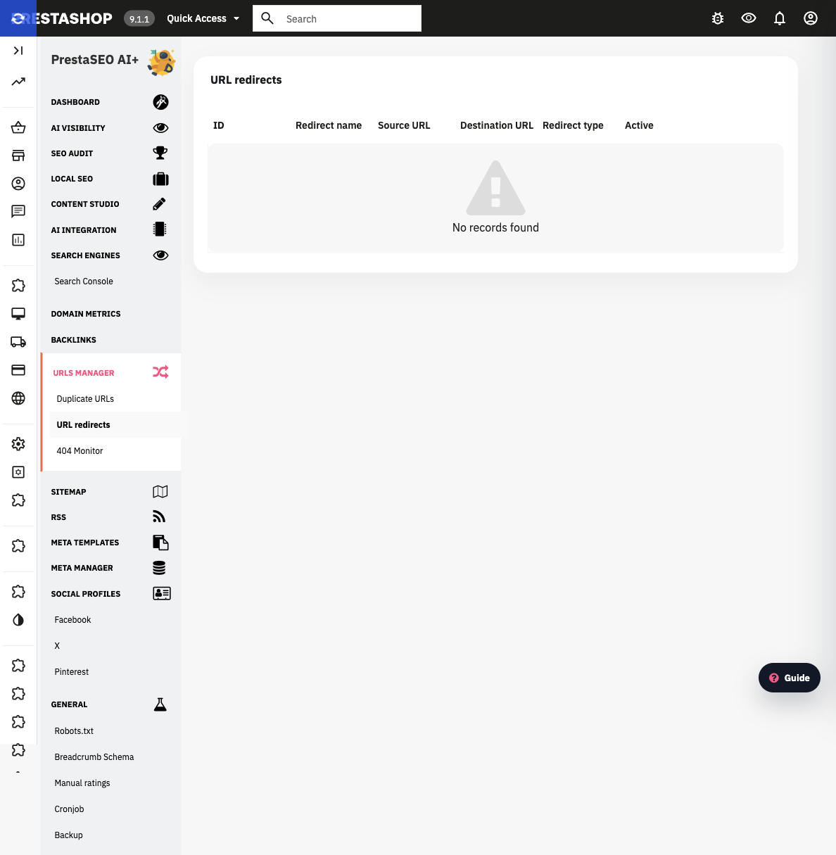 The URL redirects table in PrestaShop 9.1.1, showing the columns Redirect name, Source URL, Destination URL, Redirect type and Active