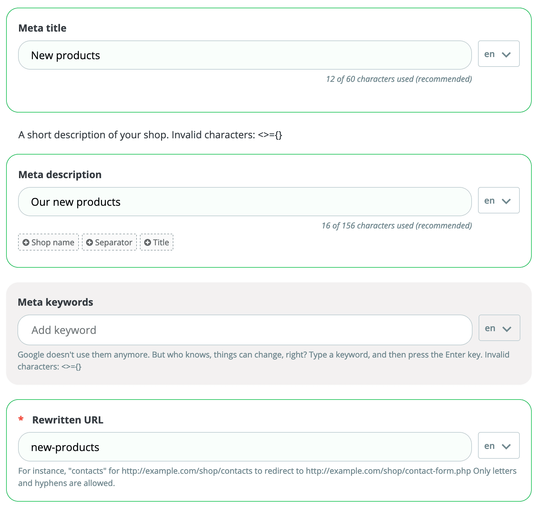 PrestaShop Meta Keywords