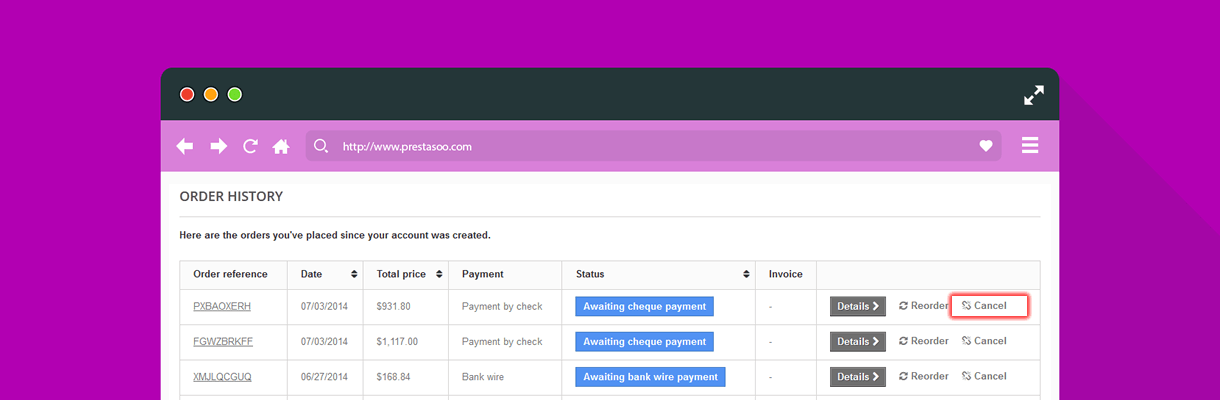 SOO Cancel Orders Prestashop module in Frontend