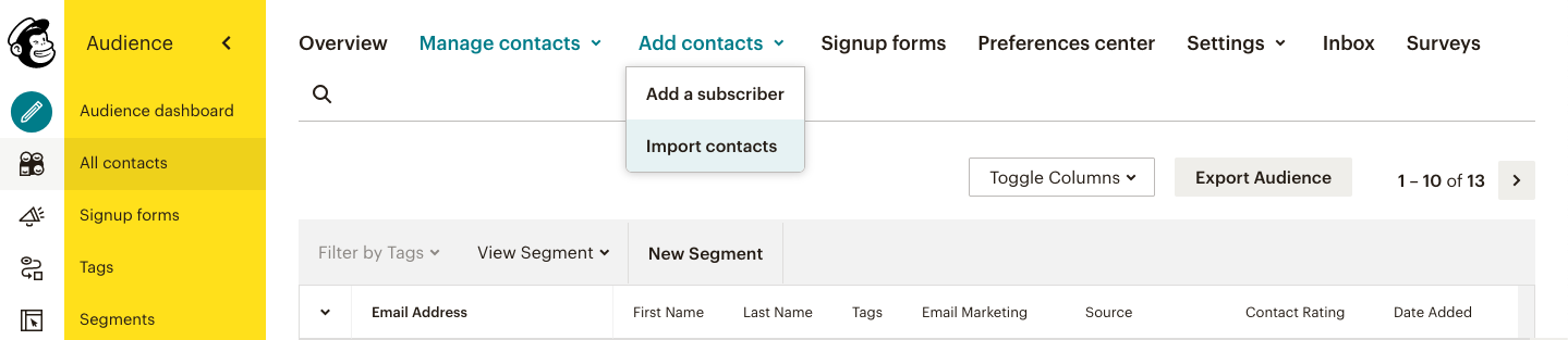 Import contacts to MailChimp