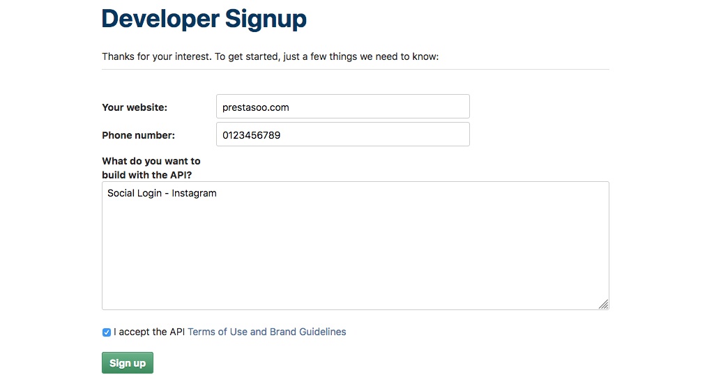 Developer Signup - Instagram
