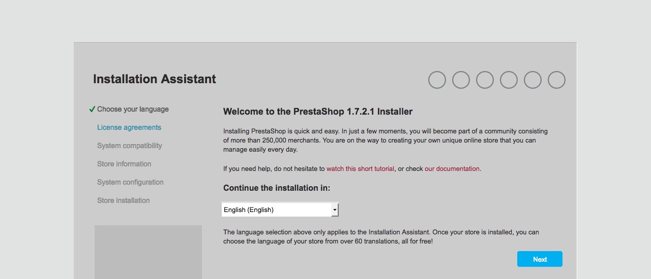 Select language - Prestashop Installation