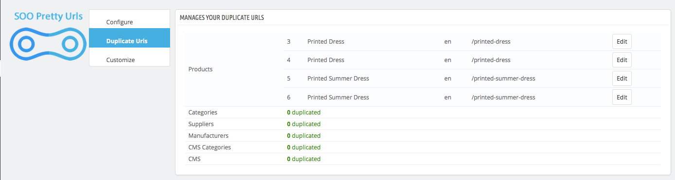 Show and Edit Prestashop Duplicate Urls