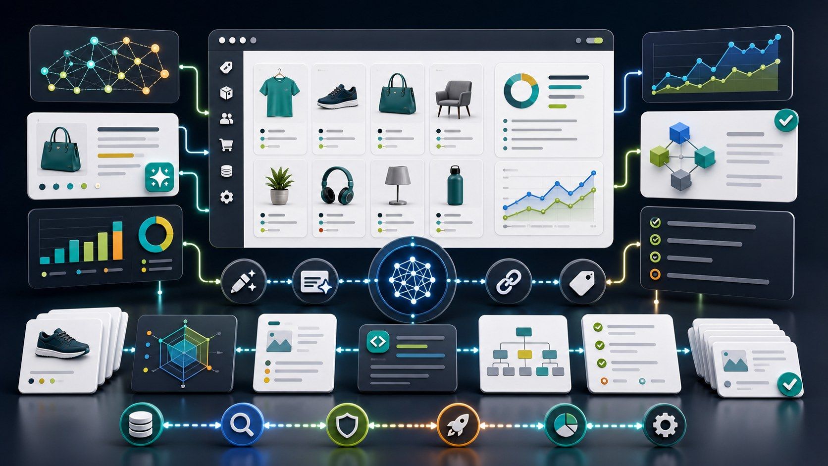 Panel SEO PrestaShop z metadanymi produktu, schematem, linkami wewnętrznymi i wykresami rankingowymi