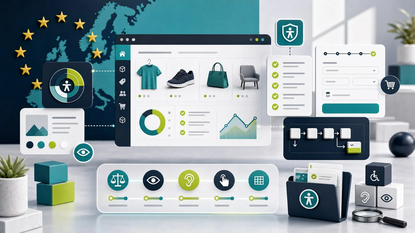 Dashboard di preparazione alla Legge Europea sull'Accessibilità per un negozio PrestaShop con WCAG e controlli di cassa