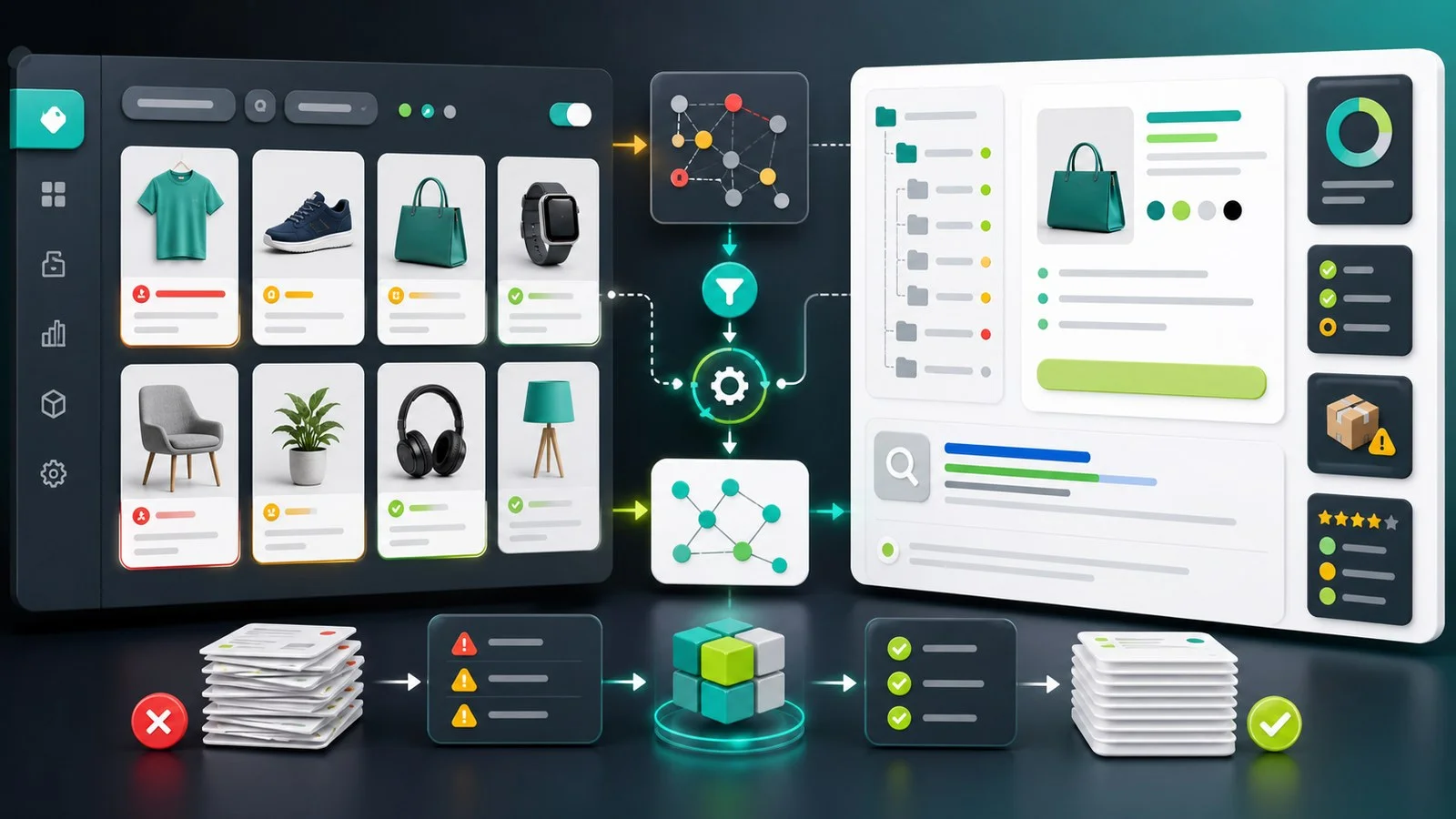 Workflow QA katalogu AI dotyczący luk w SEO w zapasach, kategoriach i produktach