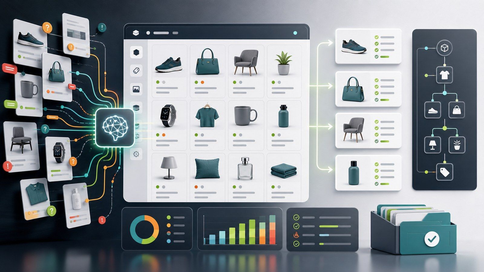 PrestaShop catalog automation dashboard with product metadata cleanup queue