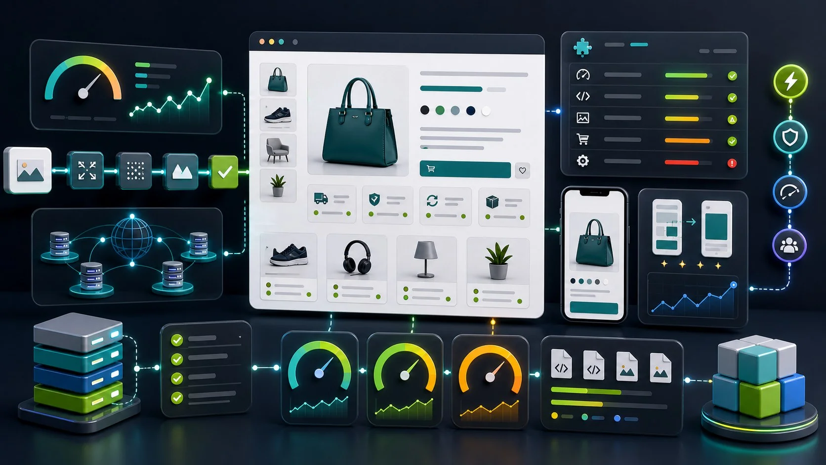 PrestaShop Core Web Vitals dashboard showing LCP INP CLS speed and module performance checks