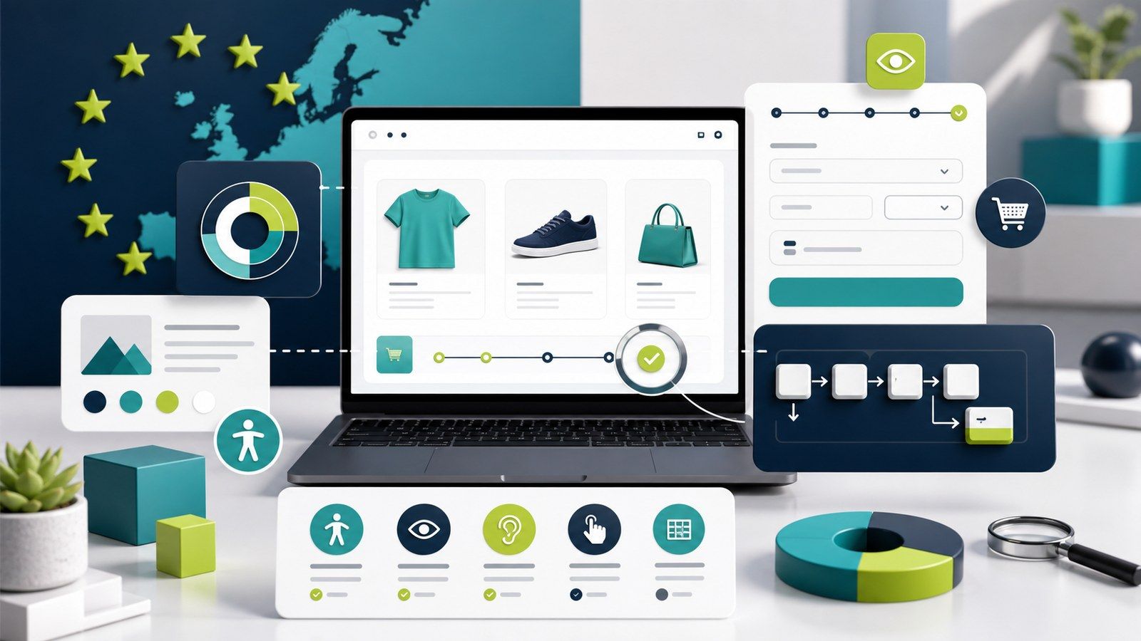 Tableau de bord d’audit d’accessibilité e-commerce avec vérification des pages de paiement et de produits