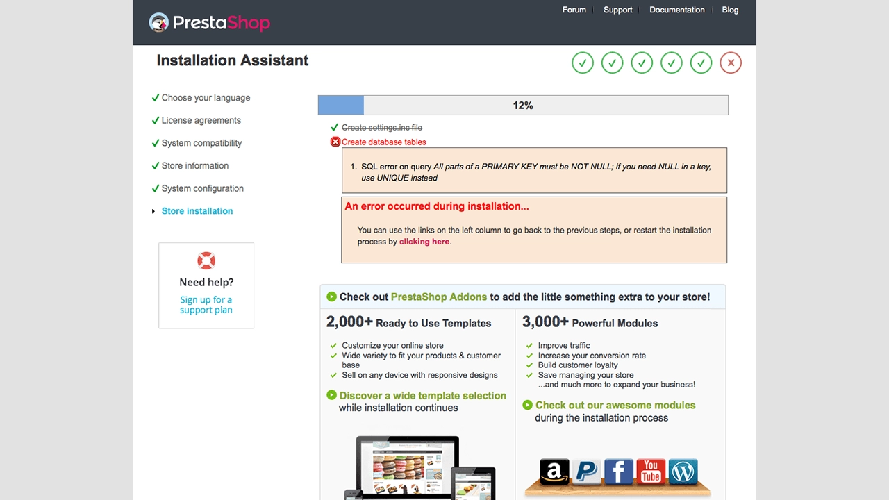 Prestashop Installtion error