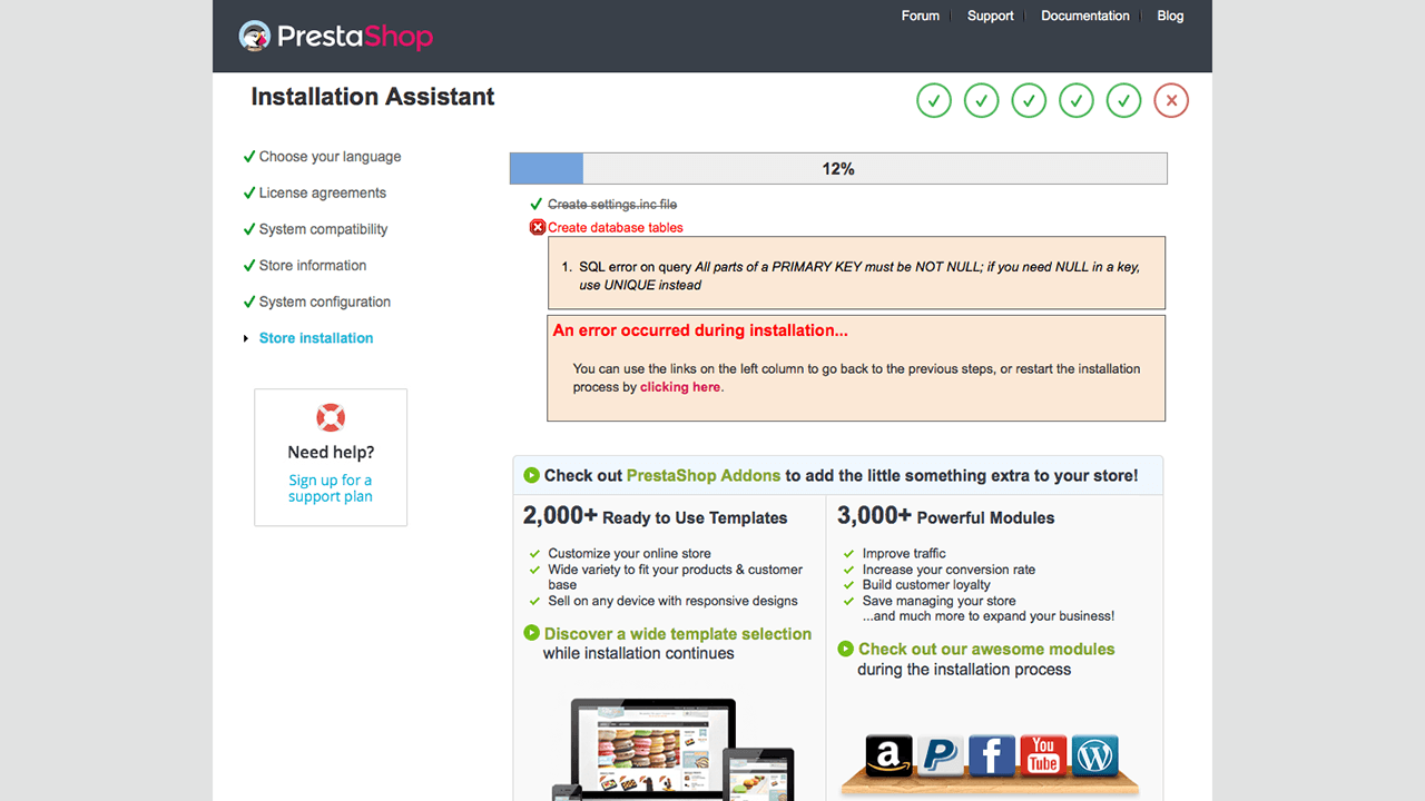 Prestashop Installtion error