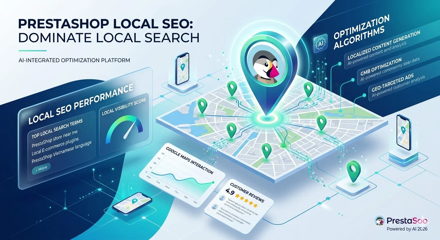 Local SEO map dashboard for a PrestaShop store with rank and competitor signals