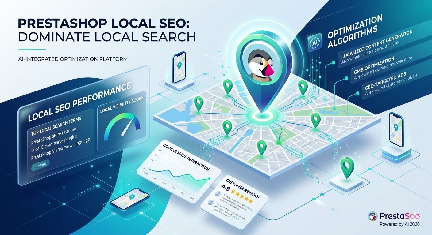 Tableau de bord SEO local pour une boutique PrestaShop avec des signaux de classement et de concurrents