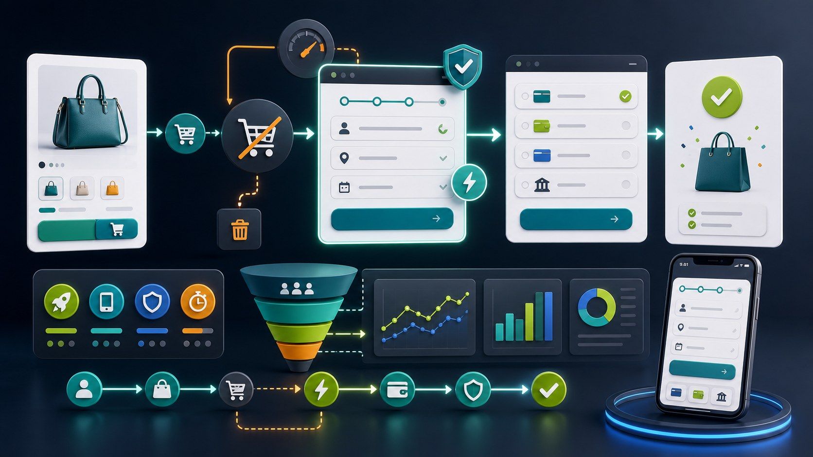 Entonnoir de conversion direct pour PrestaShop avec friction du panier et étapes de paiement mobile